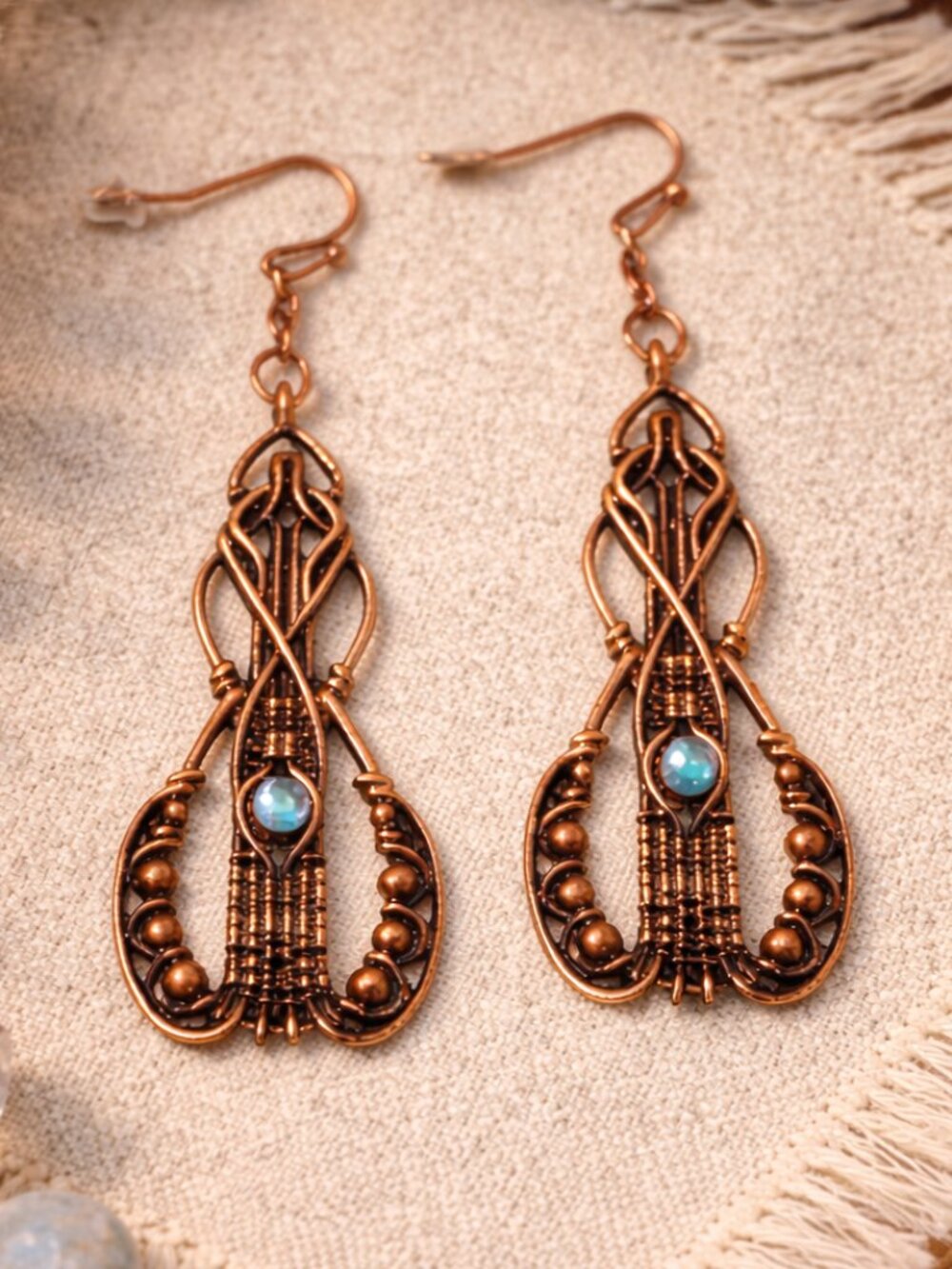 Bohemian Labradorite Stones Beaded Brass Tone Banjo Dangle Fishhook Earrings